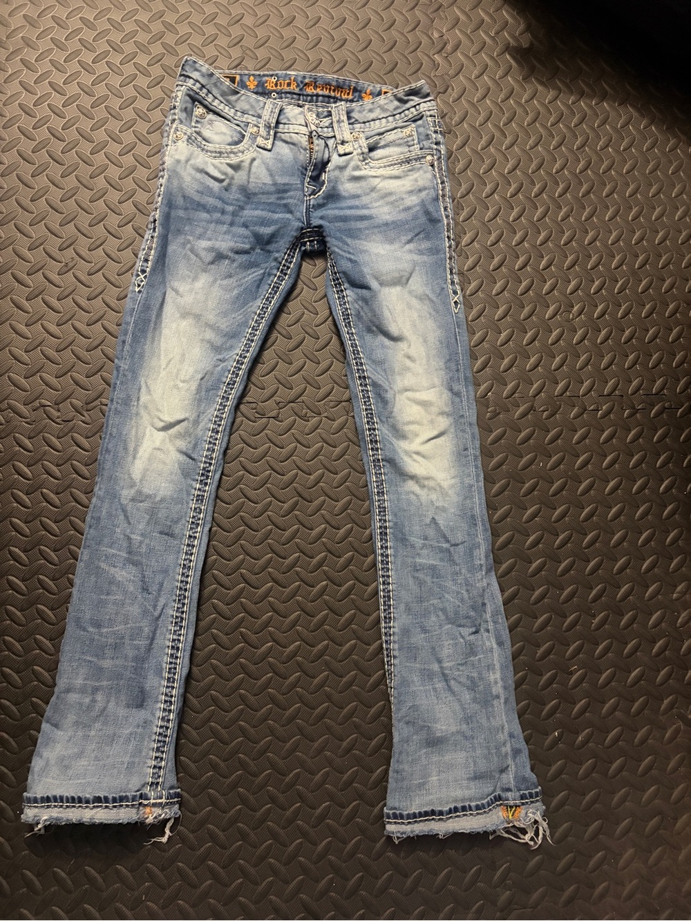 Vintage Rock Revival Light Blue Bootcut Jeans with Frayed Hem